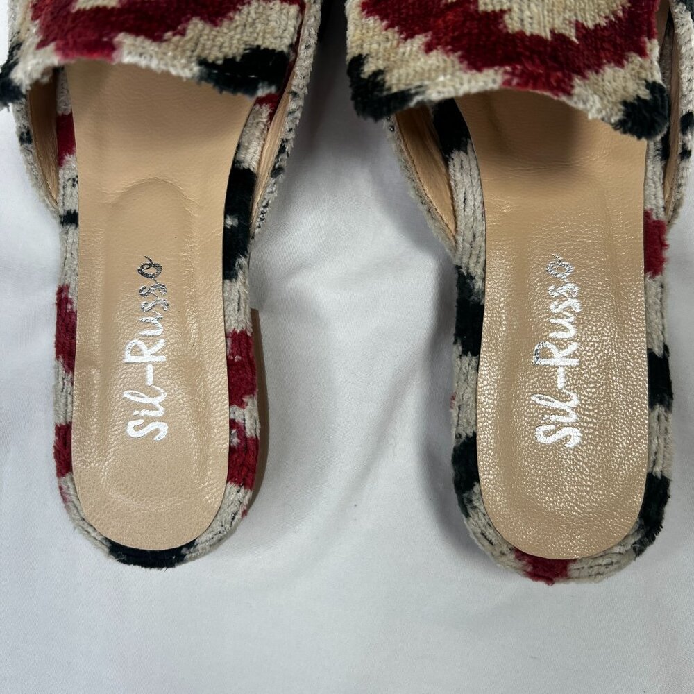 Sil-Russo Ikat Tapestry Mules Flats Slides Geometric Ivory Red Black 38 US 7-7.5 - Picture 3 of 10